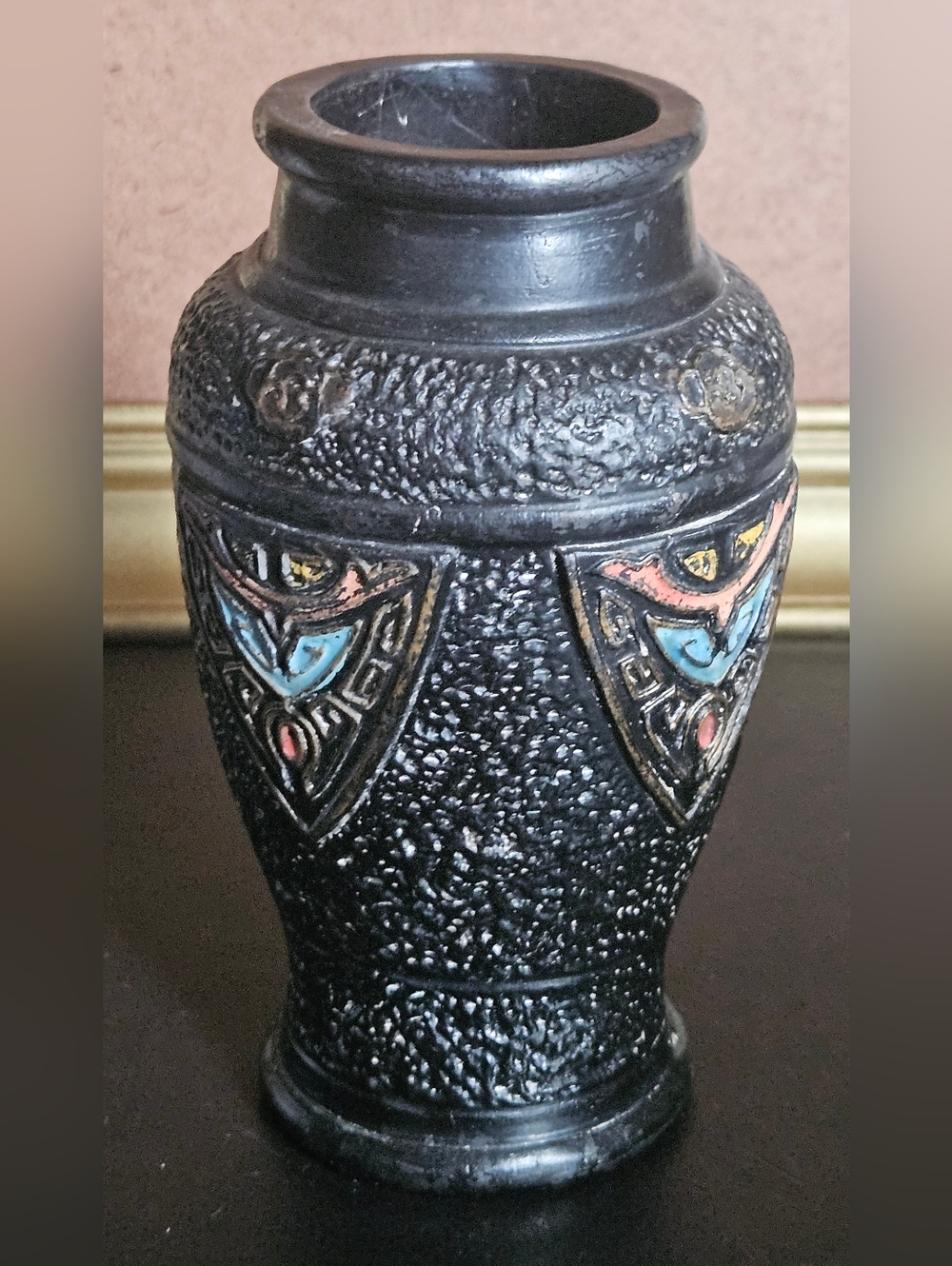 Vintage Japanese Vase Black Tokanabe Ware Textured Hand Painted 1920s